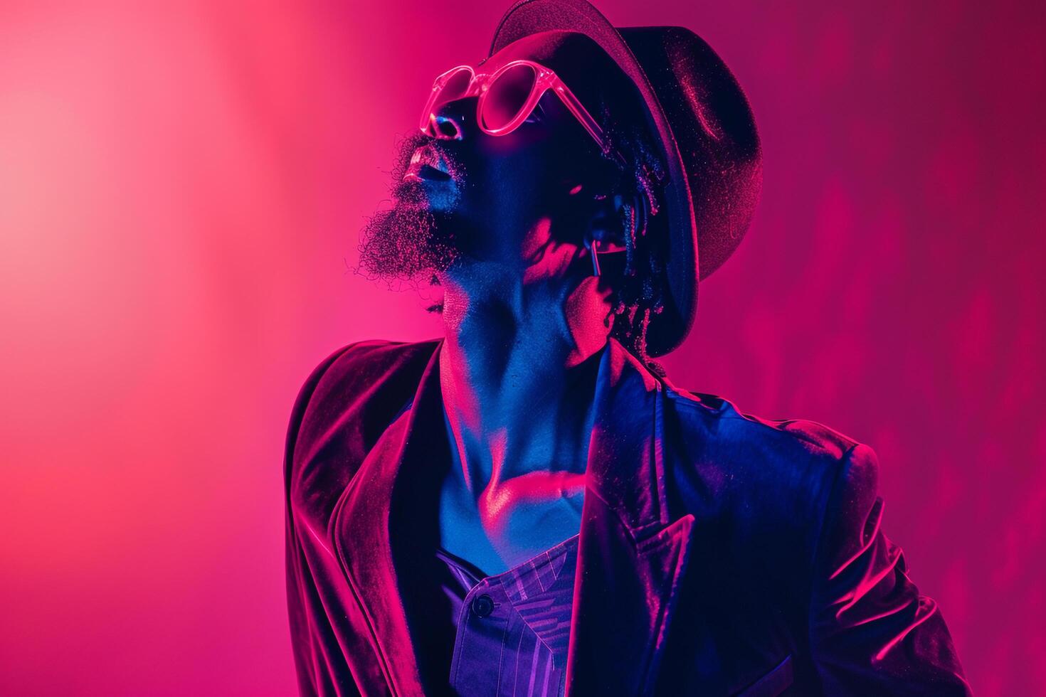 elegant Male Fashion in Velvet Blazer with Neon pink Lifestyle Background Sophisticated and Trendy portrait with Modern Design and Bold Colors photo