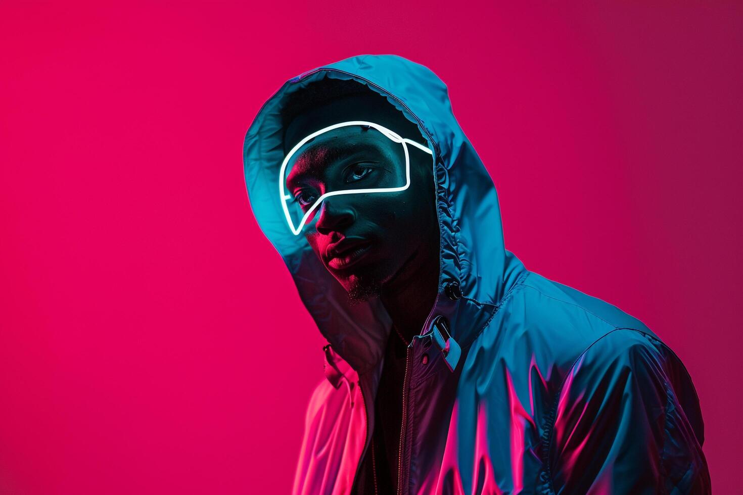 Trendy Male portrait in Jacket with Neon Teal Sneaker Mask and Neon pink Lifestyle Background Stylish and Contemporary Look with Vibrant Colors photo