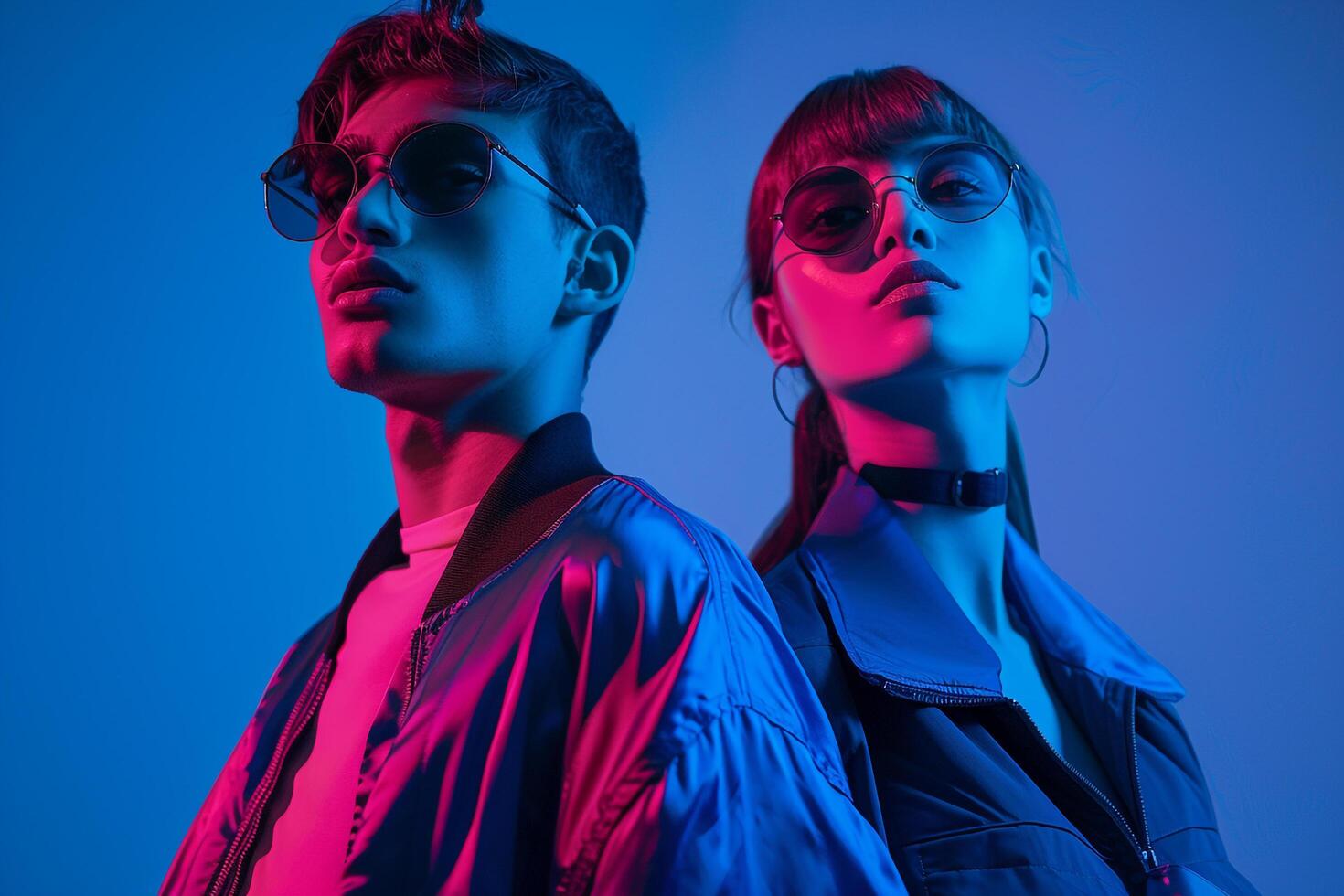 Chic Male portrait with Trendy Jackets and Neon Blue Lifestyle Background Modern and Stylish Look with Contemporary Design eleMalets and Vibrant Flair photo
