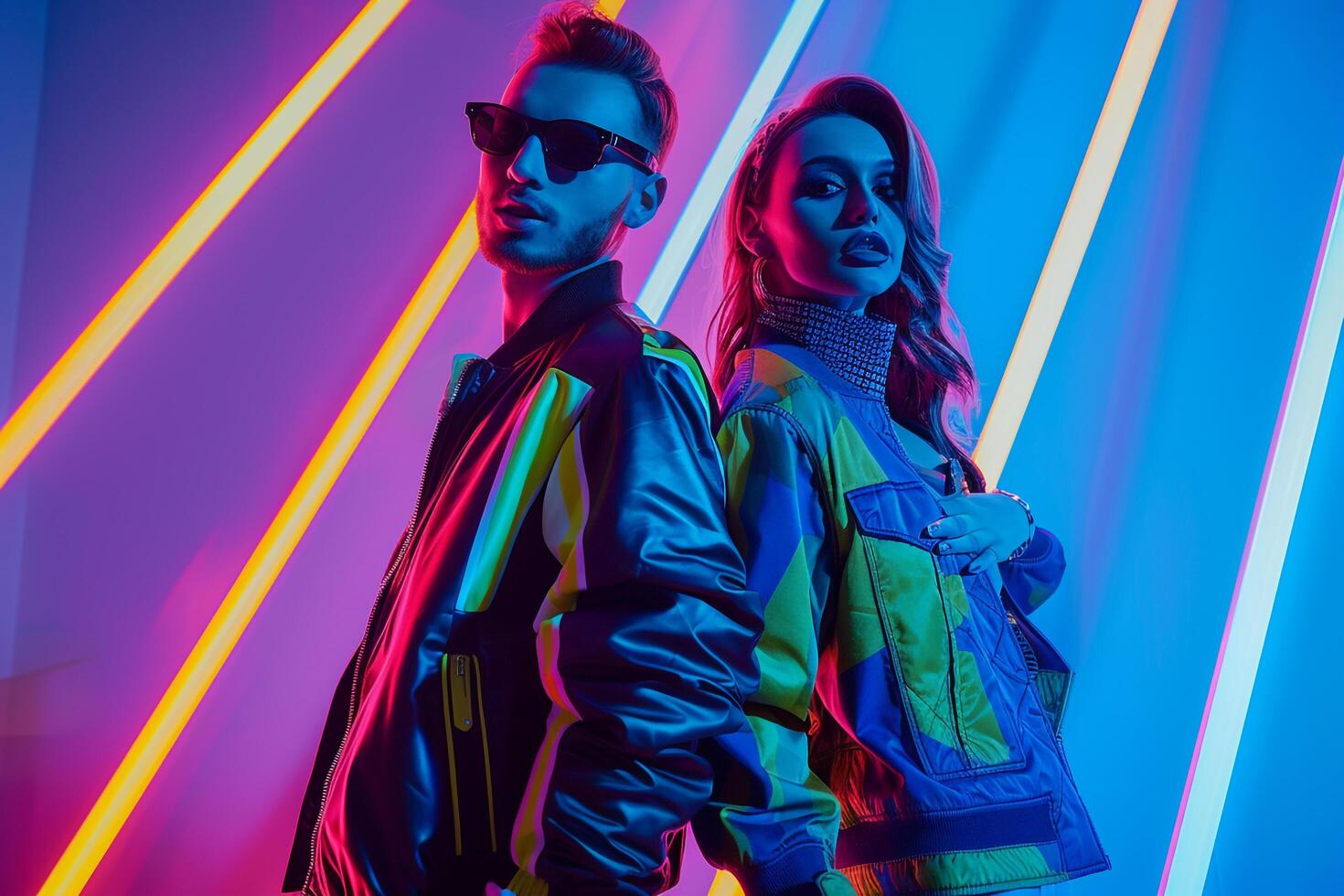 Stylish Male Fashion with Trendy Jackets and Neon Blue Lifestyle Background Modern and Contemporary portrait with Vibrant Design eleMalets and Bold Look photo