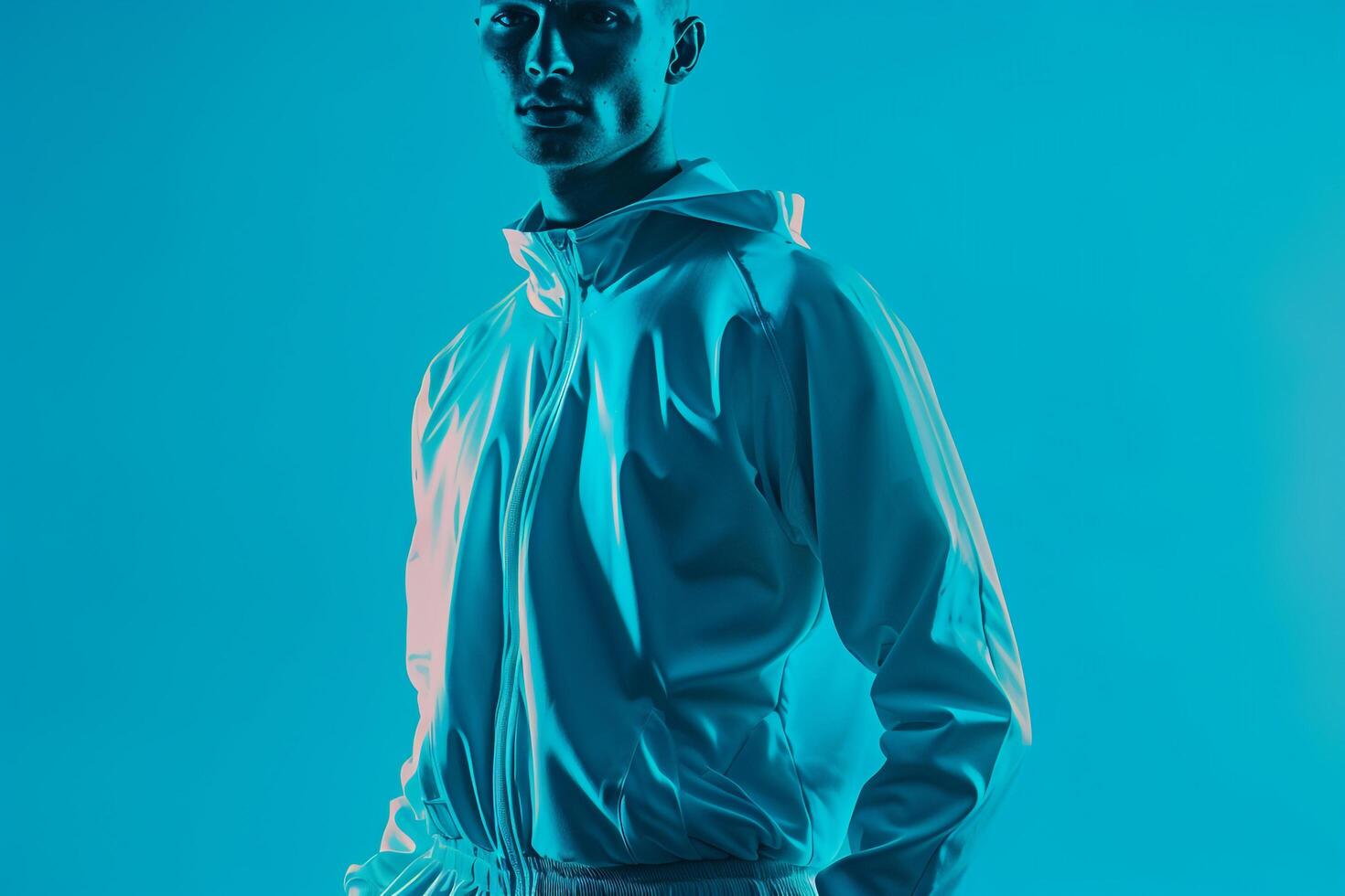 Modern Male Fashion in Trendy Tracksuit with Neon Aqua Lifestyle Background Stylish and Contemporary portrait with Vibrant Design eleMalets and Bold Look photo