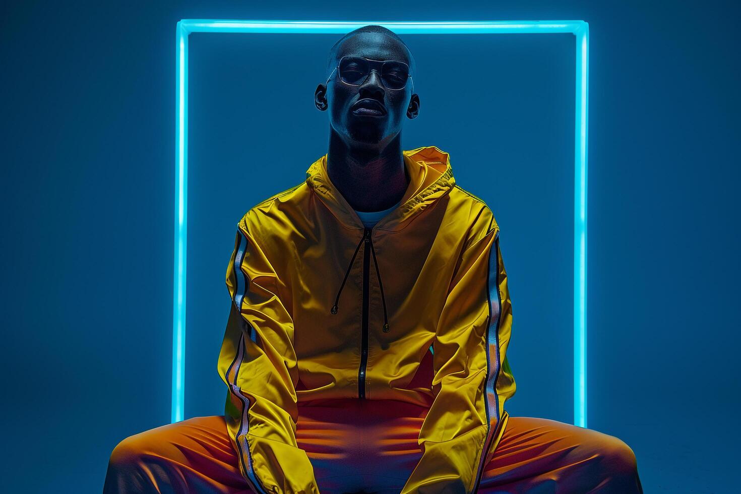 Stylish Male Fashion in Trendy Tracksuit with Neon Aqua Lifestyle Background Modern and Contemporary portrait with Vibrant Design eleMalets and Bold Flair photo