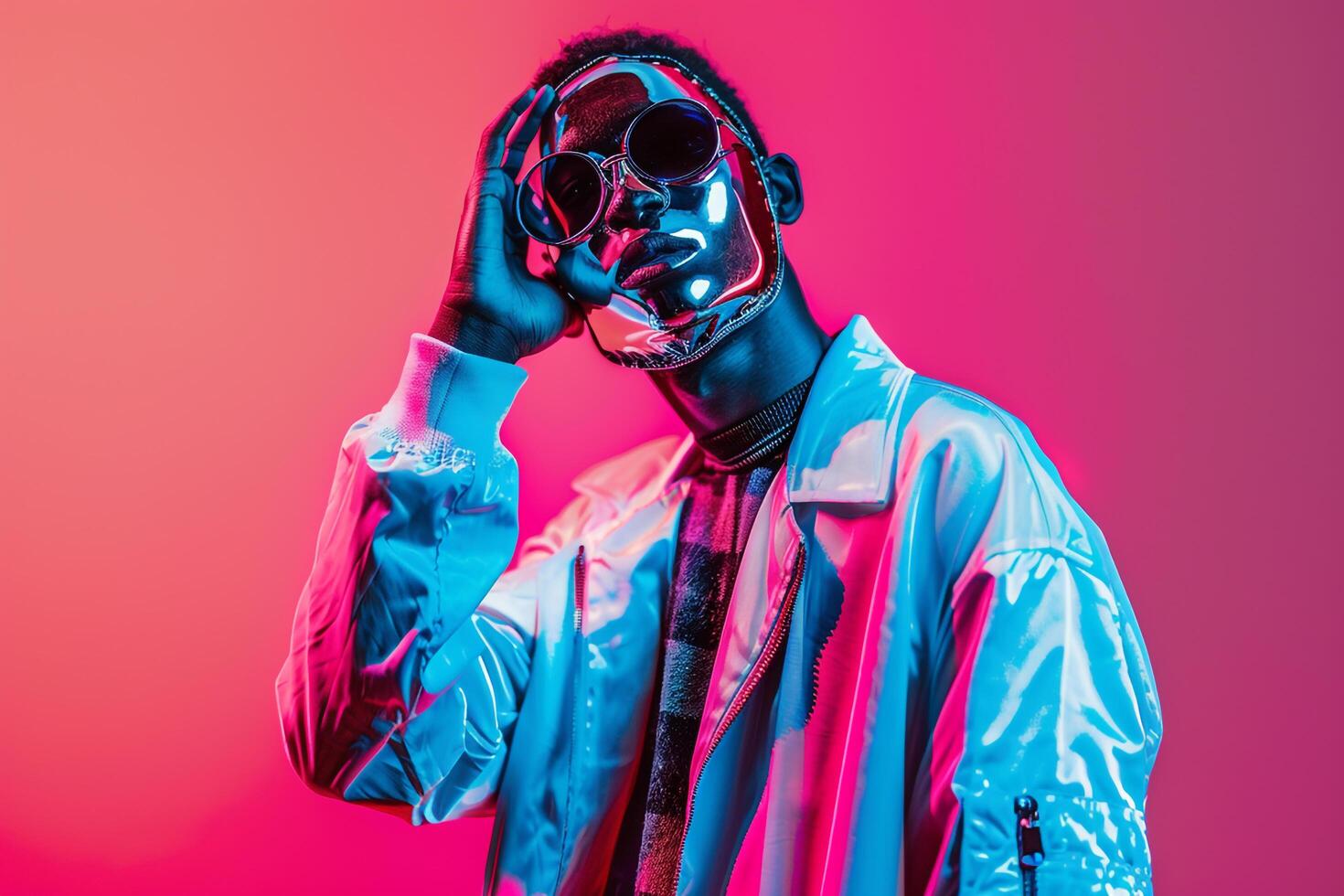 Handsome Fashion Model in Trendy Jacket with Neon pink Face Mask Males Fashion portrait with a Stylish Lifestyle Background and Vibrant Colors photo