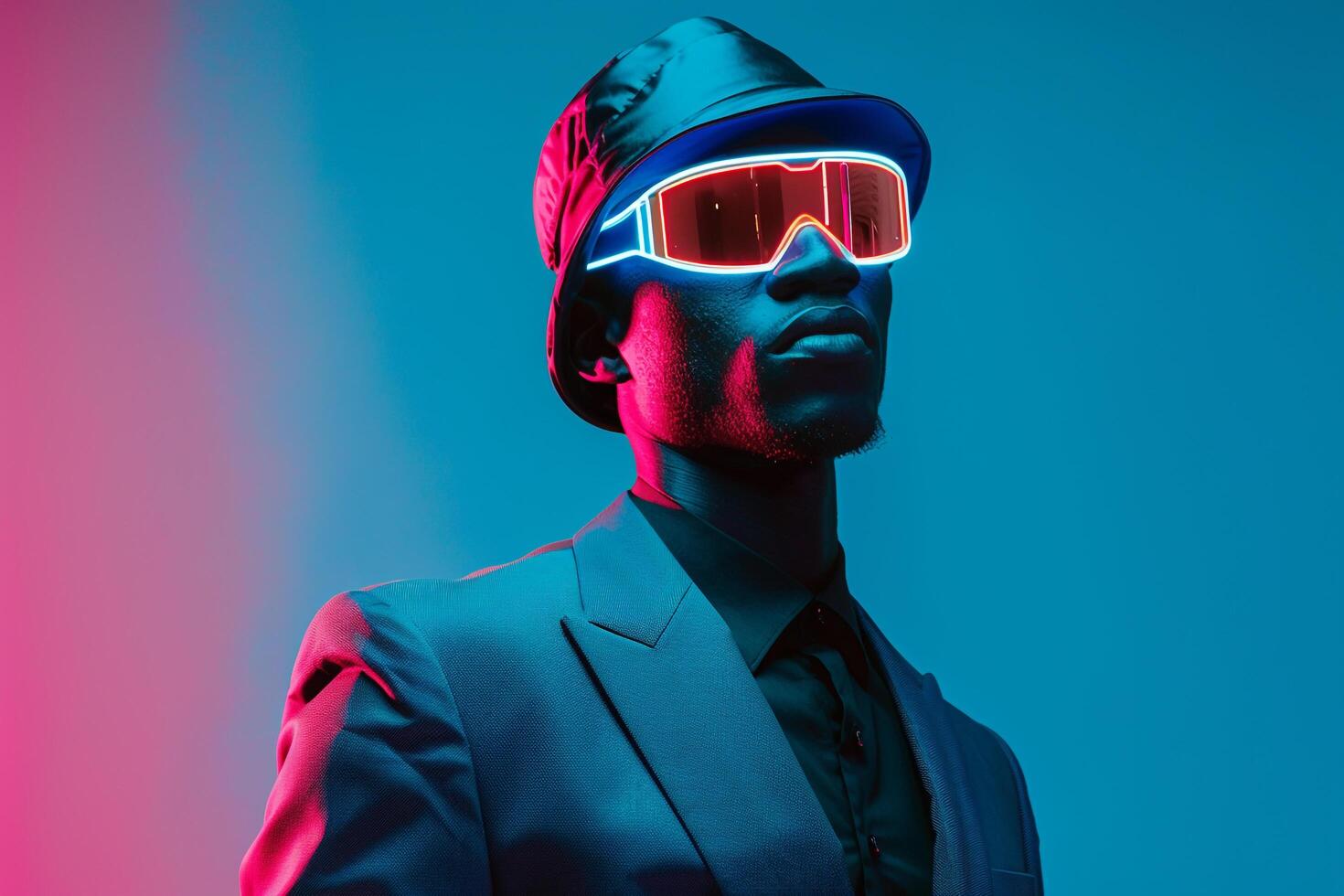Sophisticated Fashion Model in Casual Suit with Neon Aqua Ski Mask Neon Blue Details Lifestyle Males Fashion portrait with a Colorful Background photo