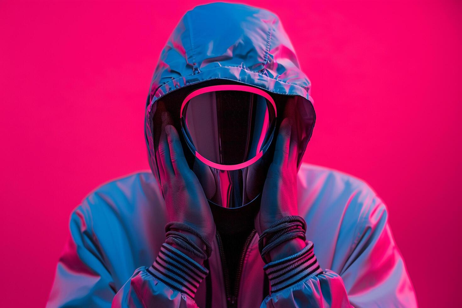 Fashion Model in Trendy Jacket and Neon pink Face Mask Males Fashion portrait with a Lively Lifestyle Background Featuring Vibrant Accents photo