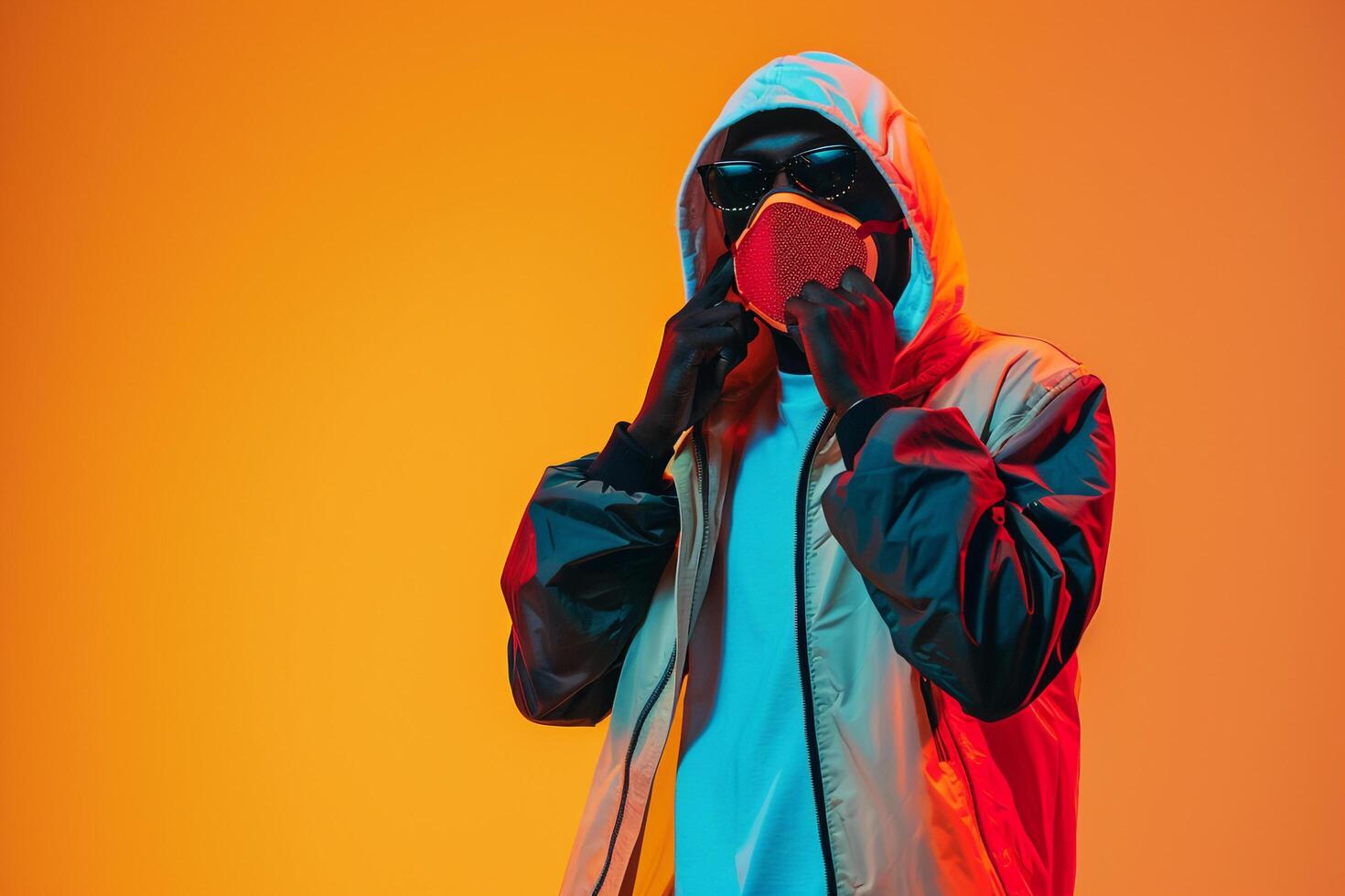 Stylish Fashion Model in Trendy Blazer with Neon Red Sneaker Mask and Neon pink Details Males Fashion portrait with a Bright and Lively Background photo