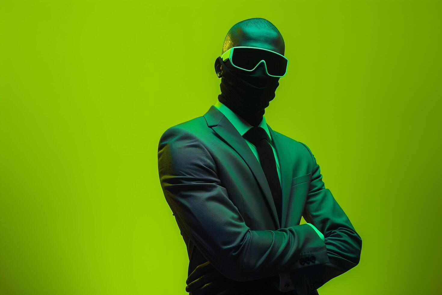 Trendy Fashion Model in Males Suit with Neon Black Ski Mask and Neon Green Details Males Fashion portrait Set Against a Colorful Background photo