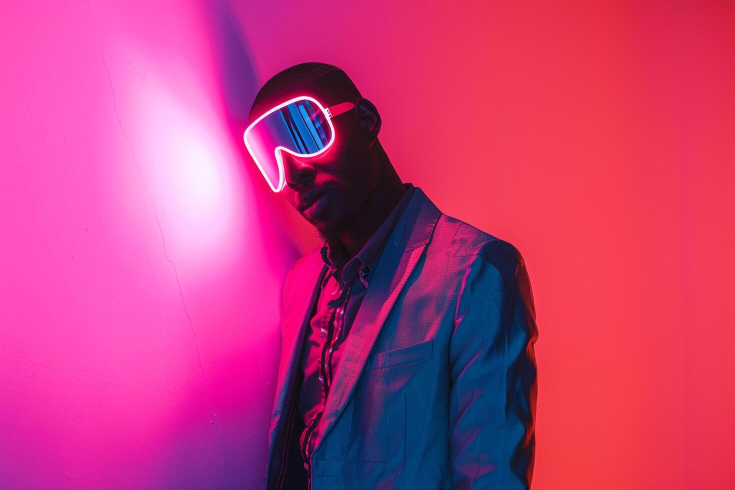 Modern Fashion Model in Trendy Blazer with Neon Red Sneaker Mask and Neon pink Details Males Fashion portrait Featuring a Stylish Background photo