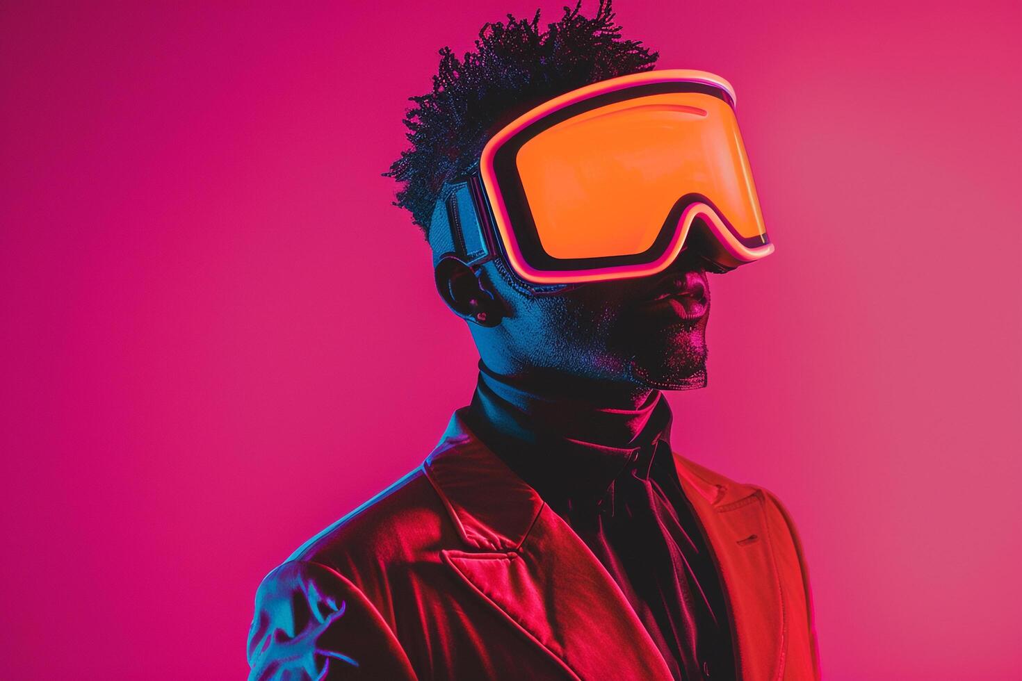 Modern Fashion Model in Trendy Blazer with Neon Coral Ski Mask and Neon pink Details Males Fashion portrait with a Bright and Lively Background photo