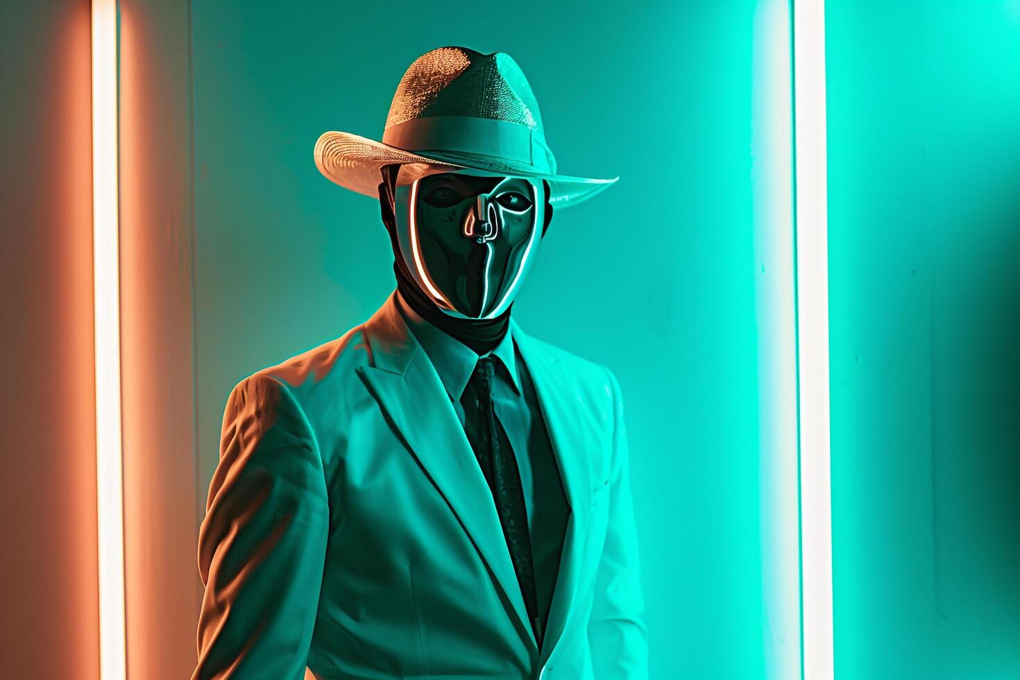 Fashion Model in Casual Suit with Neon Teal Face Mask Males Fashion portrait Featuring a Bright and Stylish Background photo
