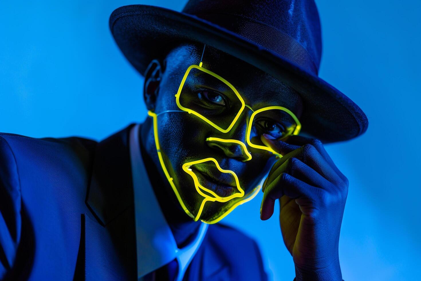 Trendy Fashion Model in Blazer with Neon Yellow Sneaker Mask and Neon Blue Details Males Fashion portrait with a Stylish and Vibrant Background photo