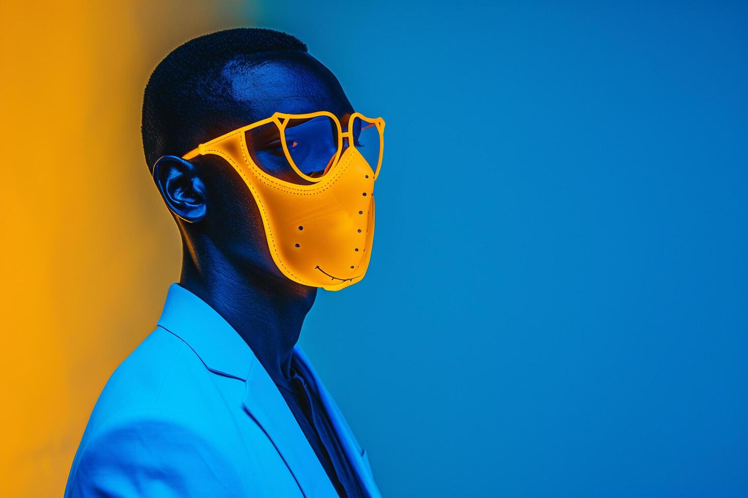 Trendy Fashion Model in Blazer with Neon Yellow Sneaker Mask and Neon Blue Accents Males Fashion portrait Featuring a Bright Background photo