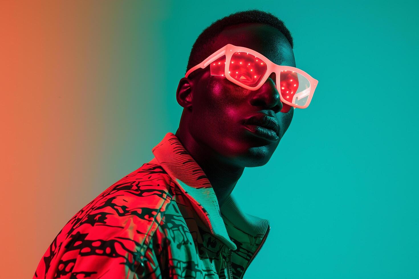 Modern Fashion Model in Trendy Jacket with Neon Coral Sneaker Mask and Neon Green Details Males Fashion portrait Featuring a Vibrant Background photo