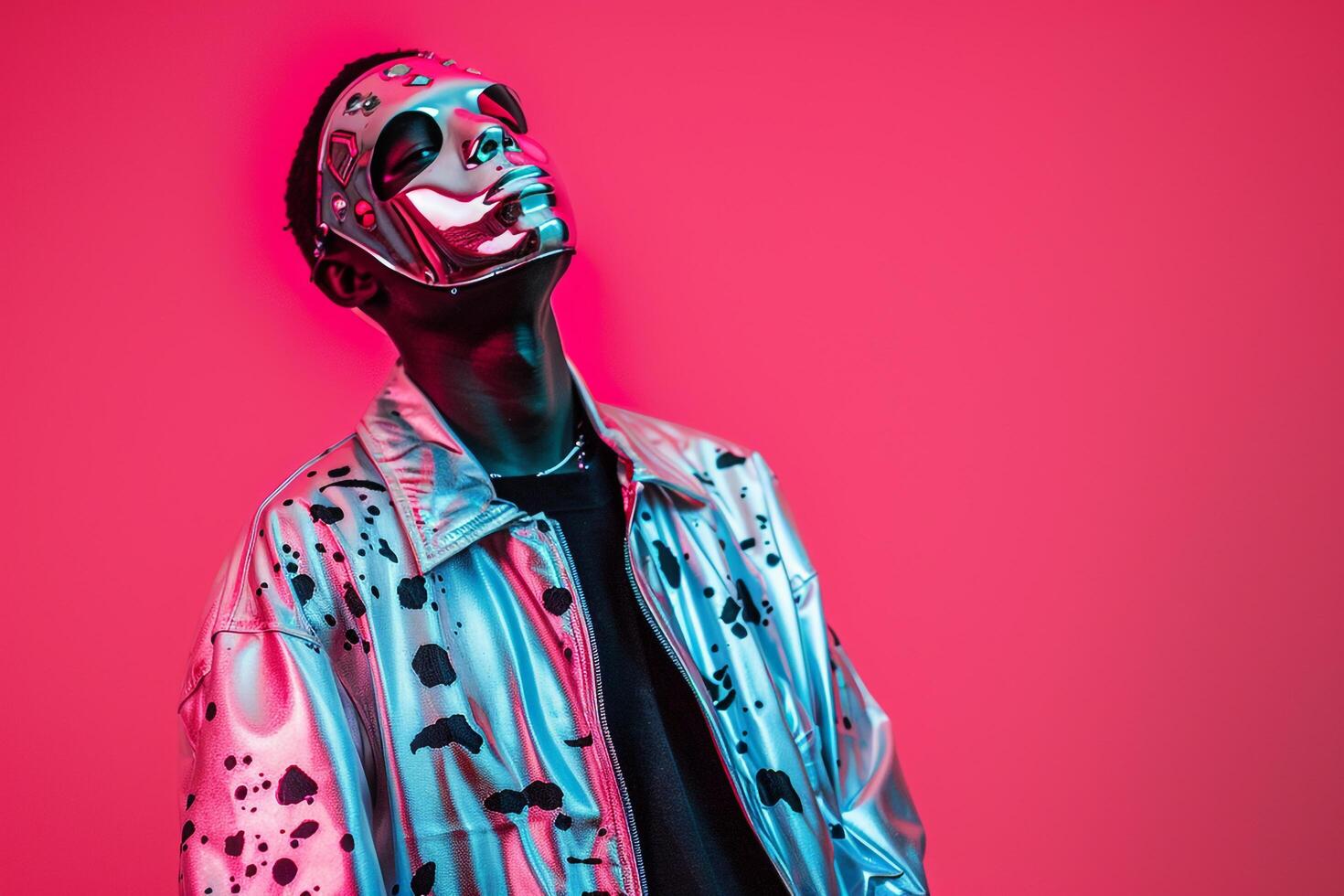 Handsome Fashion Model in Casual Jacket with Neon pink Face Mask Males Fashion portrait Featuring a Stylish and Lively Background photo