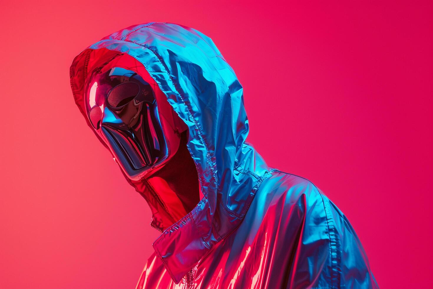 Handsome Fashion Model in Casual Jacket with Neon pink Face Mask Males Fashion portrait Featuring a Colorful and Dynamic Background photo