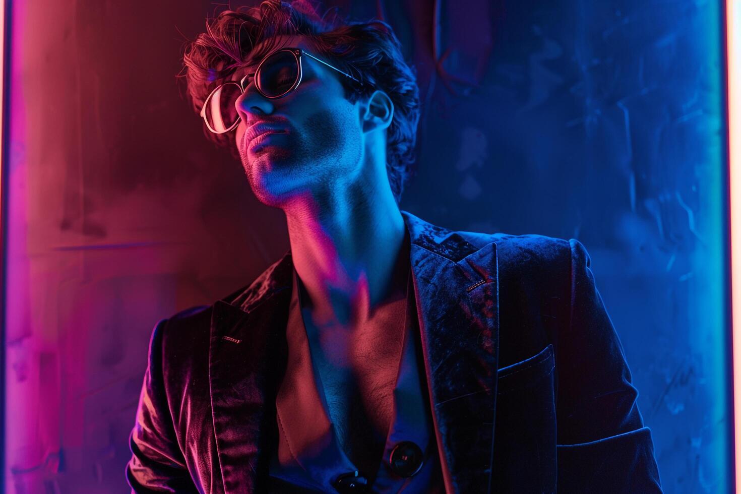 Stylish Handsome Fashion Model in a Velvet Suit featuring a Neon Blue backdrop showcasing a modern Males fashion portrait with a vibrant lifestyle setting photo