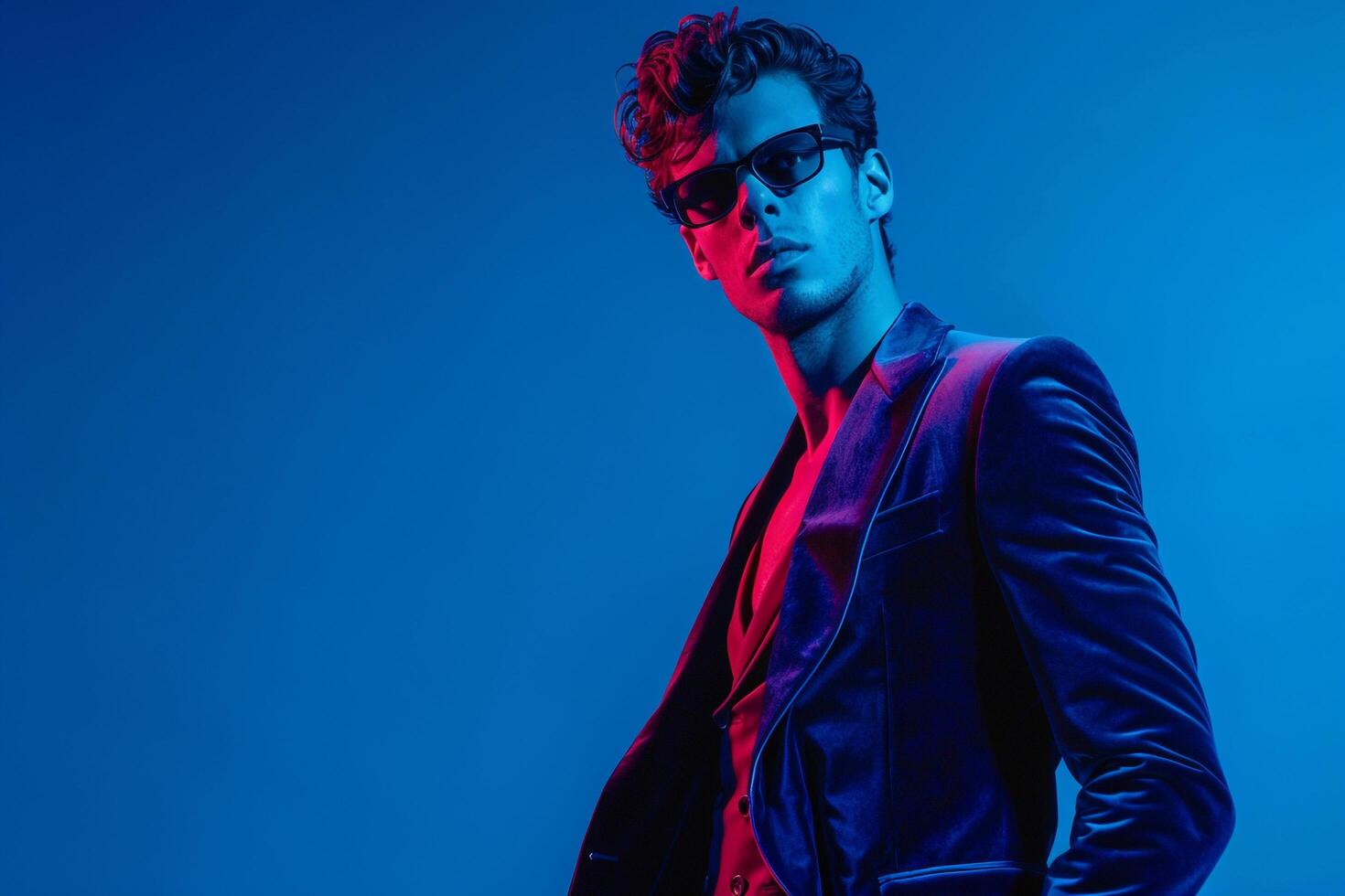 elegant Handsome Fashion Model in a Velvet Suit with a Neon Blue background creating a sophisticated Males fashion portrait with a contemporary lifestyle flair photo