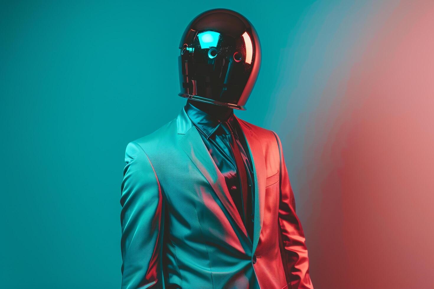 Handsome Fashion Model in a Casual Suit featuring a Males Fashion Face Mask and Neon Teal background showcasing a stylish Males fashion portrait with a contemporary lifestyle photo