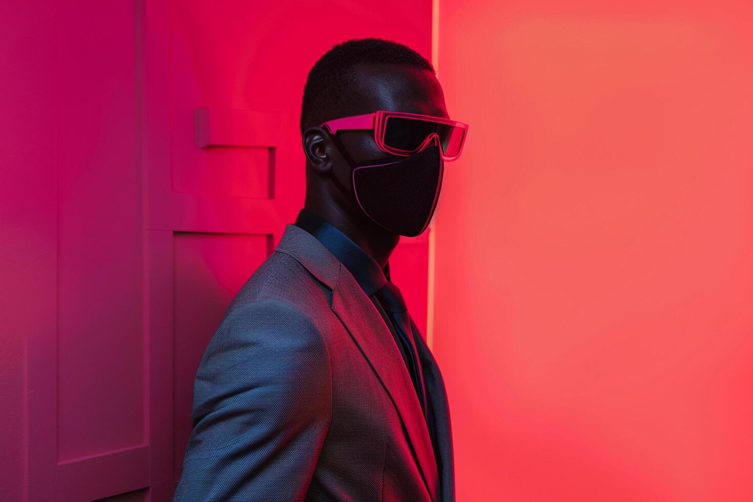 Stylish Fashion Model in a Classic Suit featuring a Neon Black Ski Mask and Coral background offering a sophisticated Males fashion portrait with a unique lifestyle setting photo