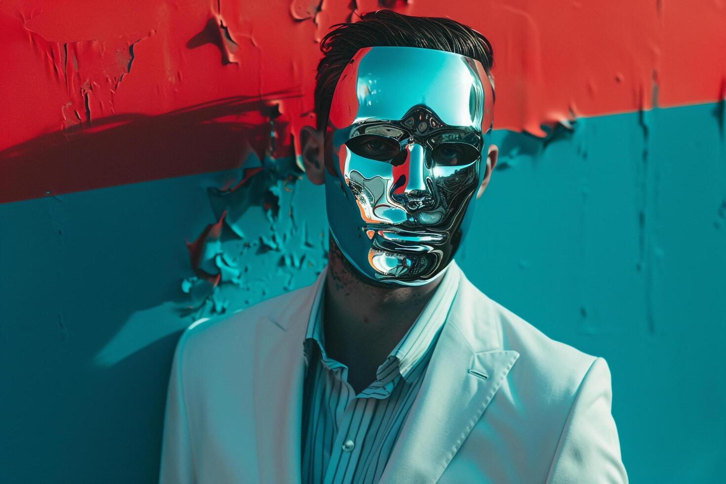 Fashionable Casual Suit Model with a Males Fashion Face Mask and Neon Teal background delivering a stylish Males portrait with a modern lifestyle setting photo