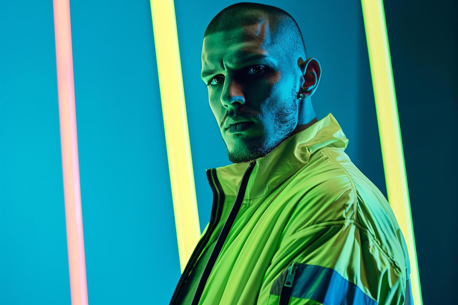 Stylish Fashion Model in a Tracksuit with Neon Aqua showcasing a chic Males fashion portrait with a vibrant lifestyle backdrop and contemporary flair photo