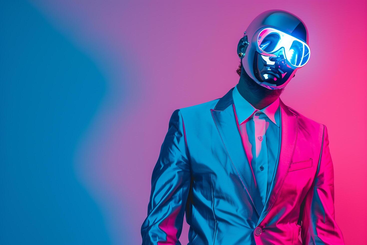 Fashionable Fashion Model in a Trendy Suit with a Males Fashion Face Mask and Neon Blue background providing a modern Males fashion portrait with a chic lifestyle feel photo