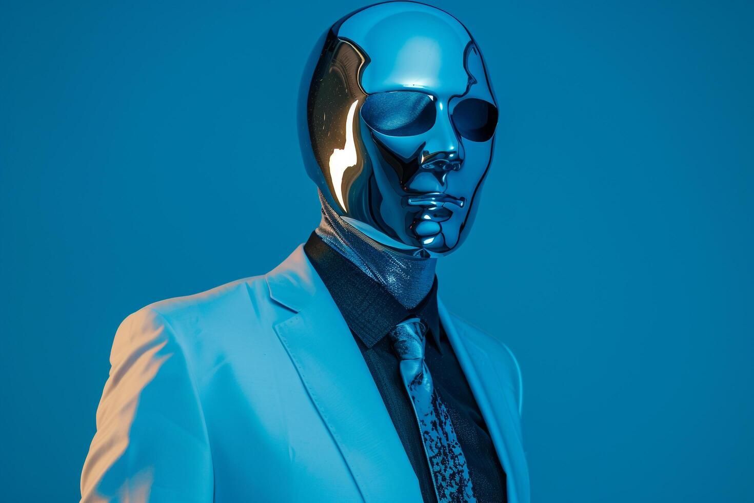 Handsome Fashion Model in a Trendy Suit with a Males Fashion Face Mask and Neon Blue background offering a sophisticated Males fashion portrait with a modern lifestyle twist photo