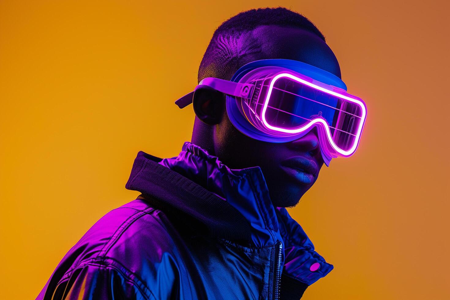 Fashionable Fashion Model in a Trendy Jacket with Neon purple Sneaker Mask and Yellow background showcasing a chic Males fashion portrait with a lively lifestyle photo