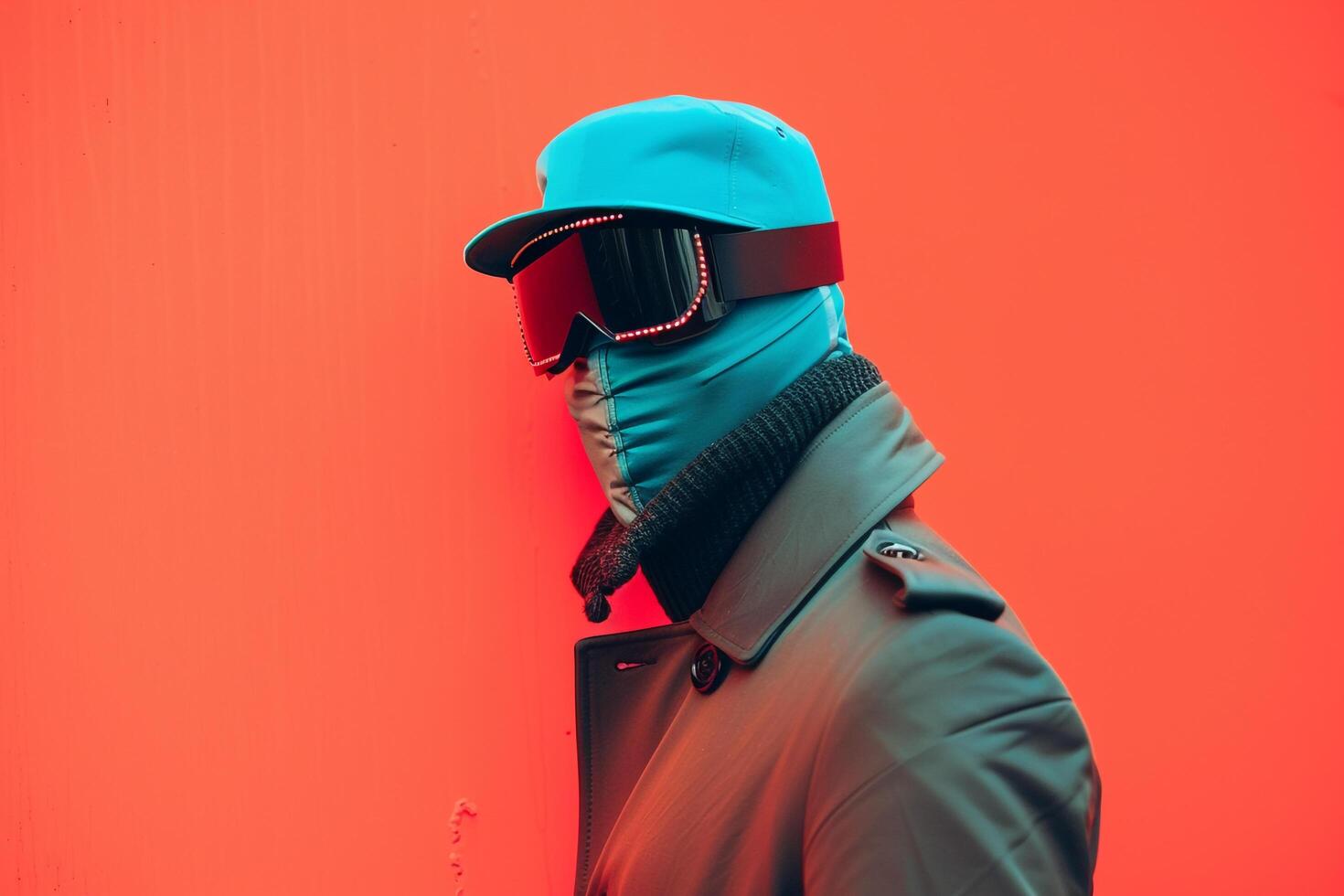 Fashionable Fashion Model in a Casual Overcoat with a Neon Teal Ski Mask and Red background providing a stylish Males portrait with a contemporary lifestyle feel photo