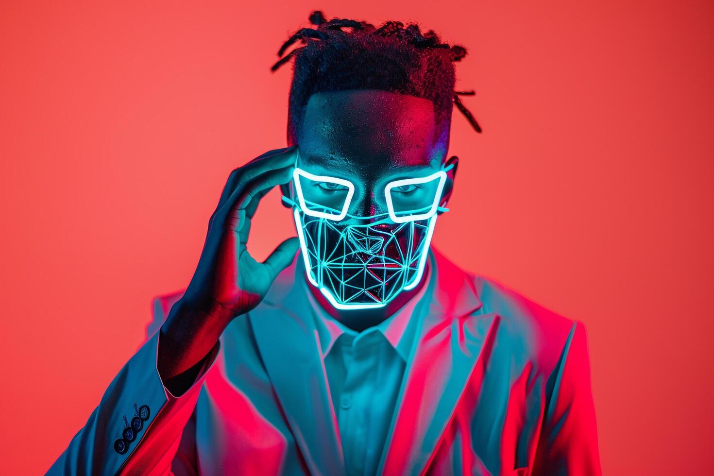 Stylish Fashion Model in a Trendy Blazer with a Neon Teal Sneaker Mask and Coral background showcasing a dynamic Males fashion portrait with a contemporary lifestyle feel photo