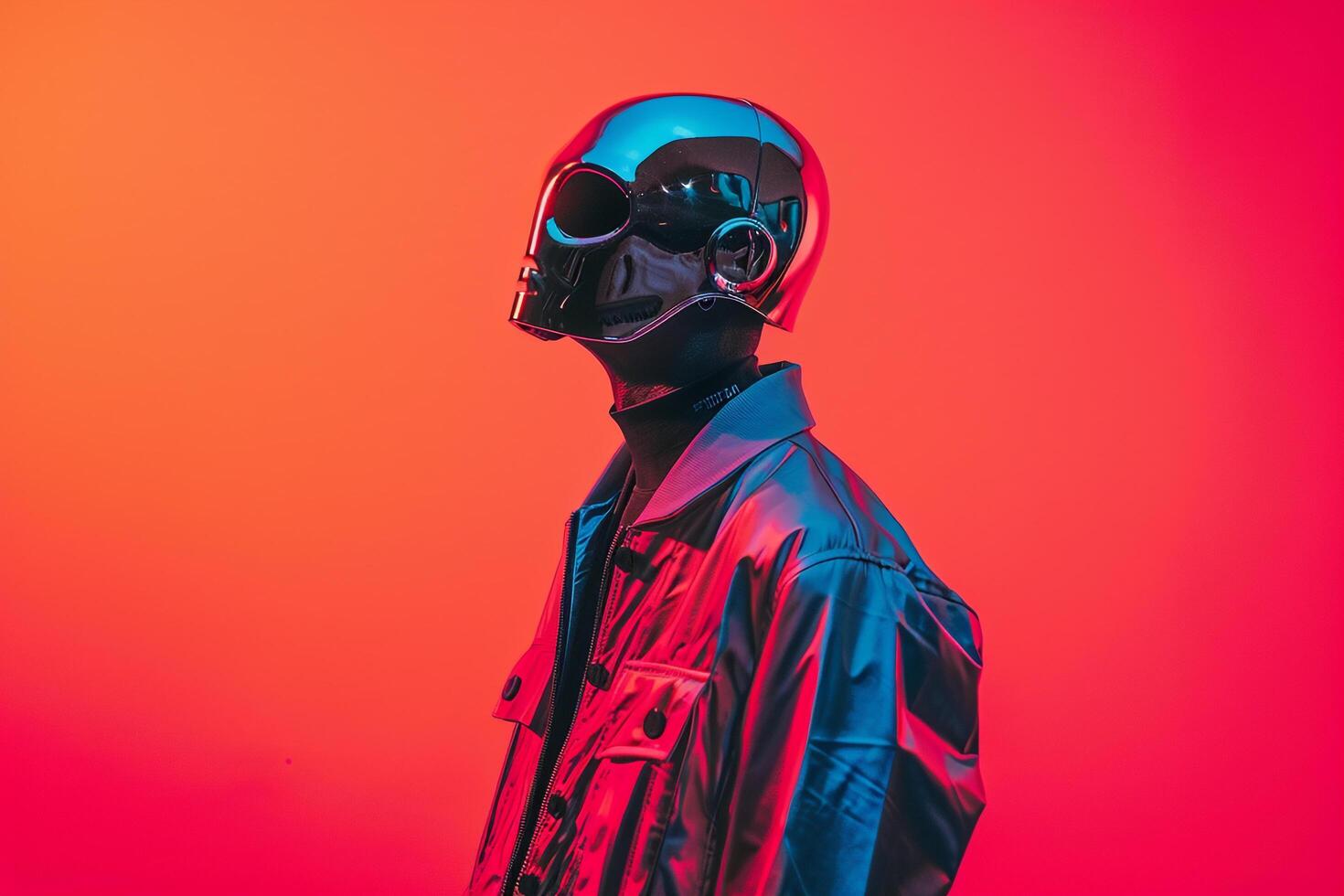 elegant Fashion Model in a Casual Jacket with a Males Fashion Mask and Neon Coral background showcasing a stylish Males fashion portrait with a contemporary lifestyle atmosphere photo