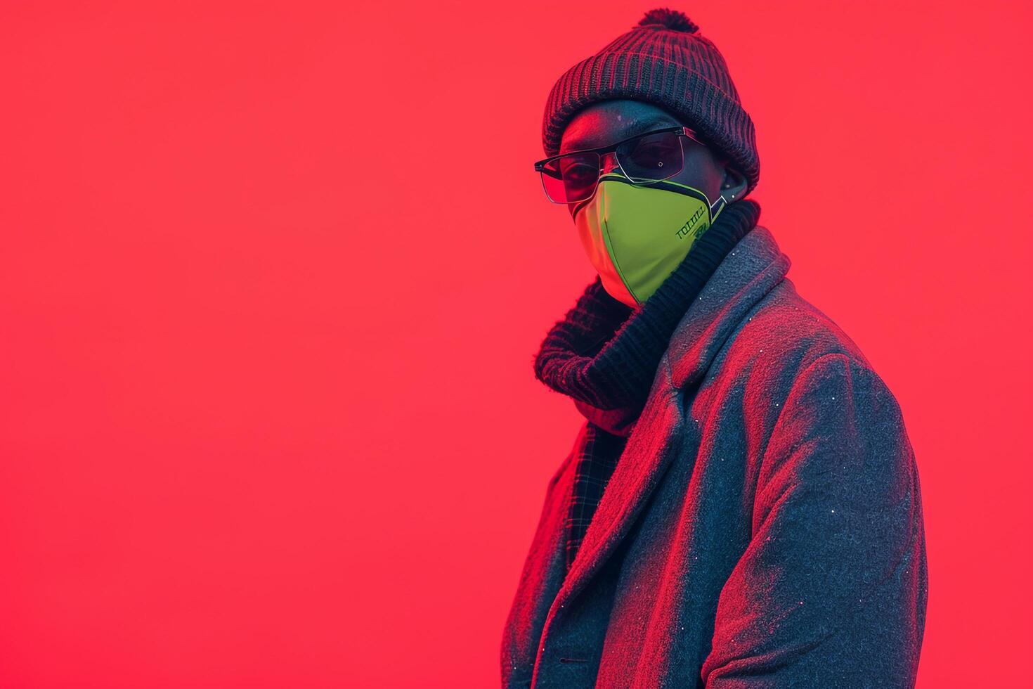 Fashion Model in Overcoat with Neon Green Ski Mask and Neon Coral Background delivering a sophisticated Males fashion portrait with a lively lifestyle twist photo