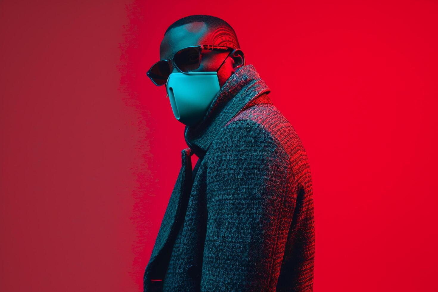 Fashion Model in Overcoat with Neon Teal Ski Mask and Neon Red Background delivering a stylish Males fashion portrait with a dynamic lifestyle ambiance photo