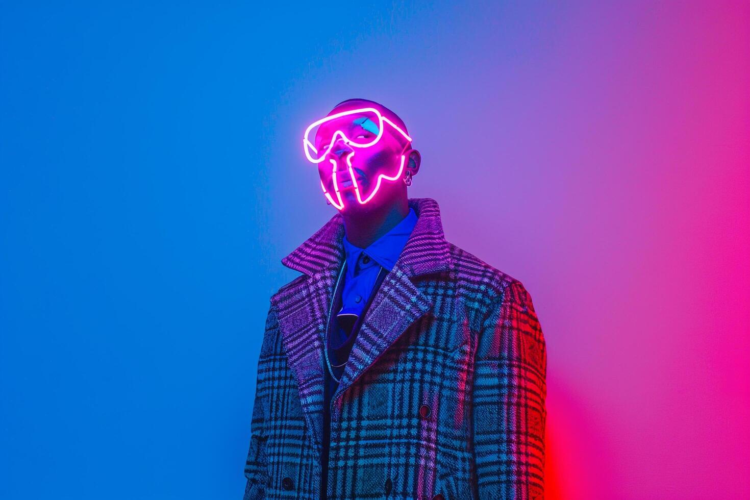 Stylish Fashion Model in Casual Overcoat with Neon pink Mask and Neon Blue Background providing a chic Males fashion portrait with a vibrant lifestyle setting photo