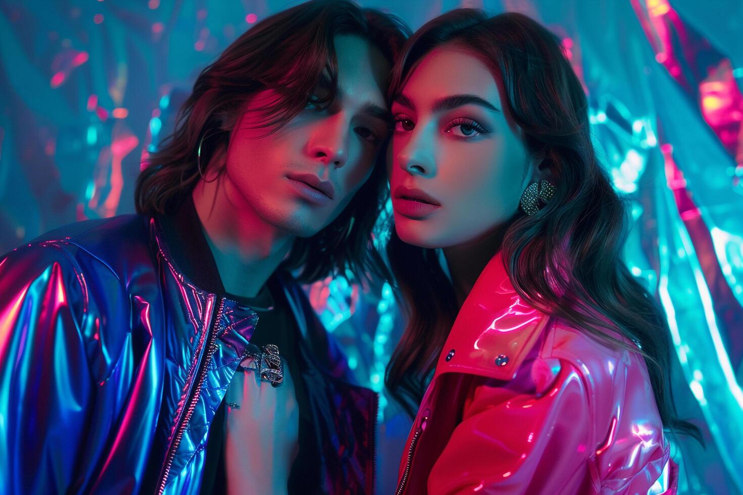 Trendy Jackets with Neon Aqua Background on Male Fashion Model presenting a chic Males fashion portrait with a dynamic lifestyle setting photo
