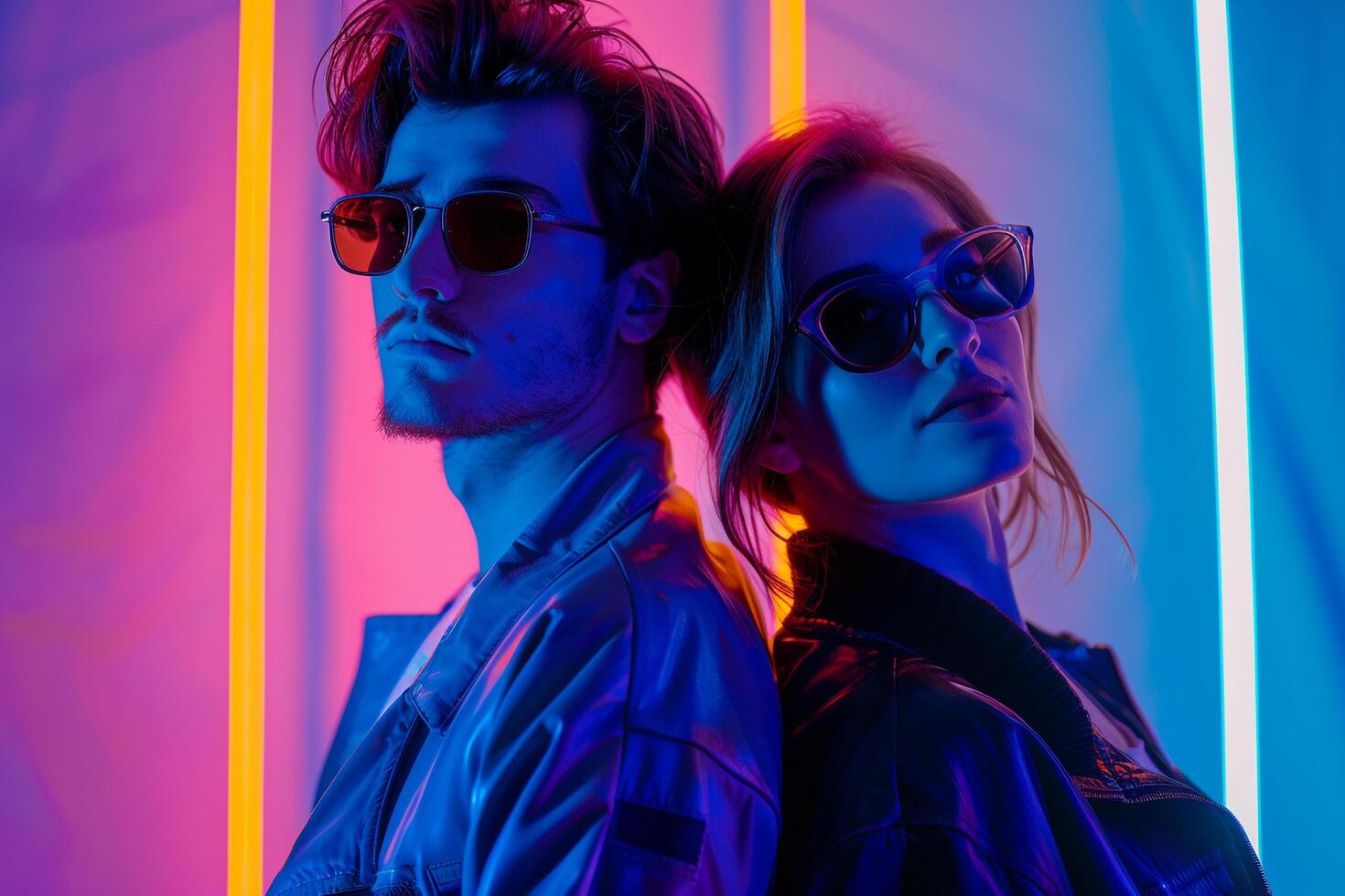 Trendy Jackets with Neon Blue Background on Male Fashion Model showcasing a chic Males fashion portrait with a dynamic lifestyle setting photo