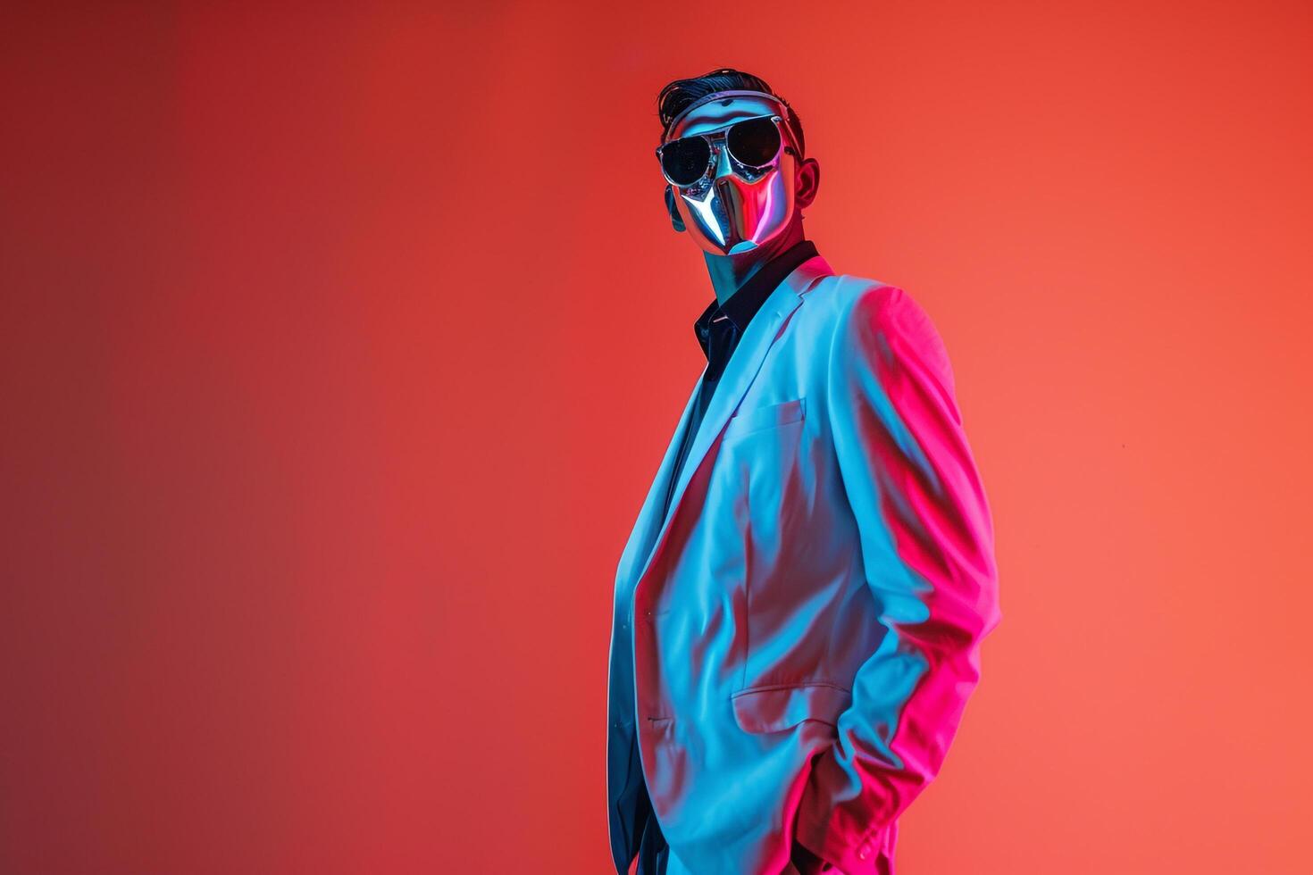 Classic Blazer with Neon Teal Ski Mask and Neon Coral Background on Male Fashion Model showcasing a vibrant Males fashion portrait with a chic lifestyle setting photo