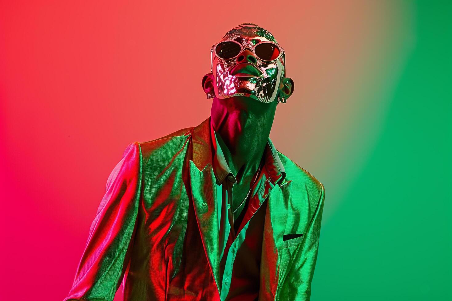 Casual Blazer with Neon Green Face Mask and Neon Green Background on Male Fashion Model offering a sophisticated Males fashion portrait with a chic lifestyle twist photo