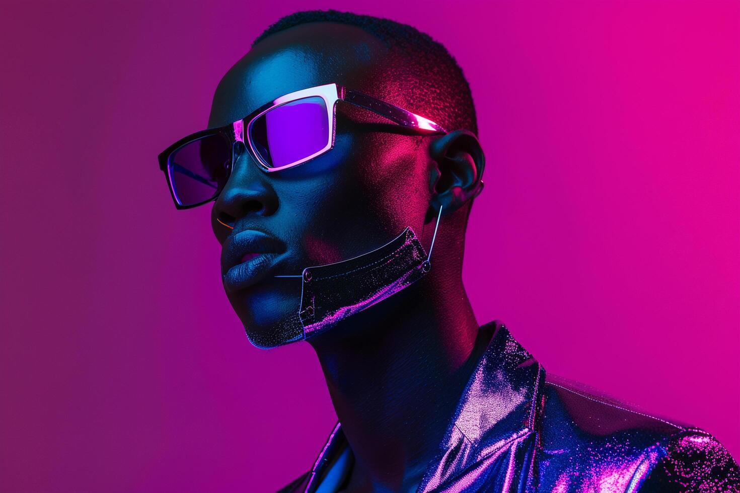 Chic Males Fashion portrait Casual Blazer with Neon purple Background and Stylish Ambiance photo