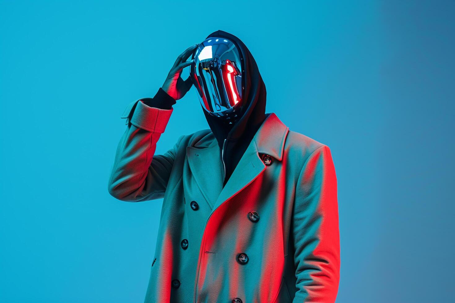 Modern Ambiance in Males Fashion portrait Trendy Overcoat with Neon Blue Background photo