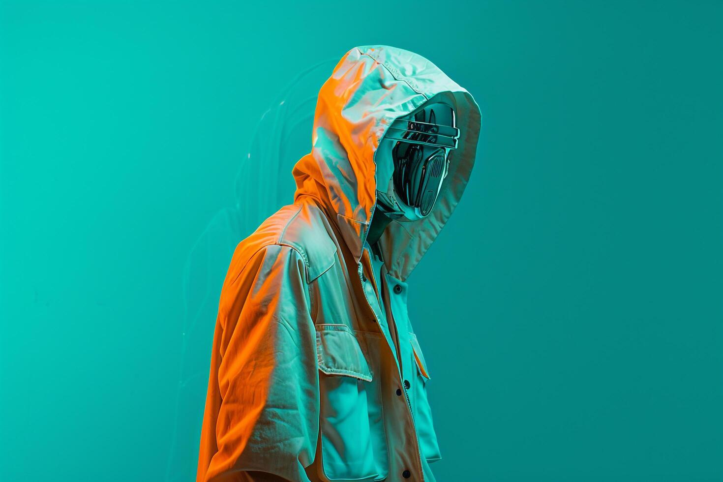 Trendy Jacket with Neon Teal Background on Male Fashion Model Modern portrait with a Stylish and Dynamic Ambiance photo