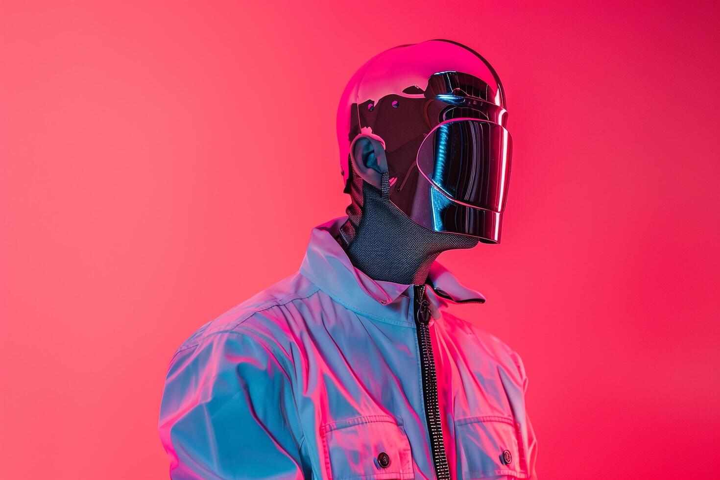Casual Jacket with Neon pink Background on Male Fashion Model with Face Mask Vibrant Males Fashion portrait with a Chic Ambiance and Modern Lifestyle photo