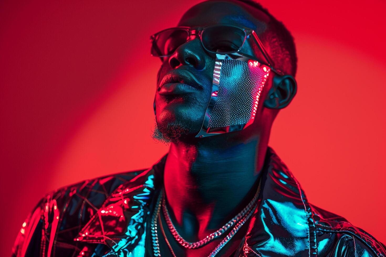 Casual Jacket with Neon Coral Background on Male Fashion Model with Face Mask Stylish Males Fashion portrait Featuring a Vibrant Lifestyle and Modern Flair photo