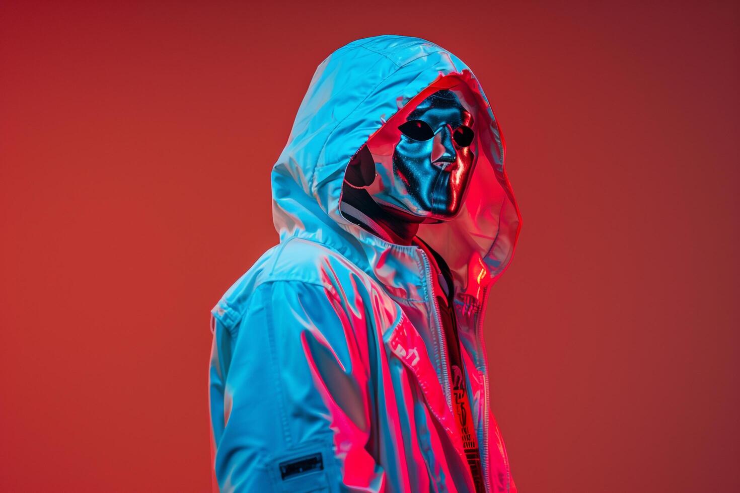 Trendy Jacket with Neon Coral Background on Male Fashion Model with Face Mask Vibrant portrait Featuring a Chic Modern Lifestyle and Dynamic Ambiance photo