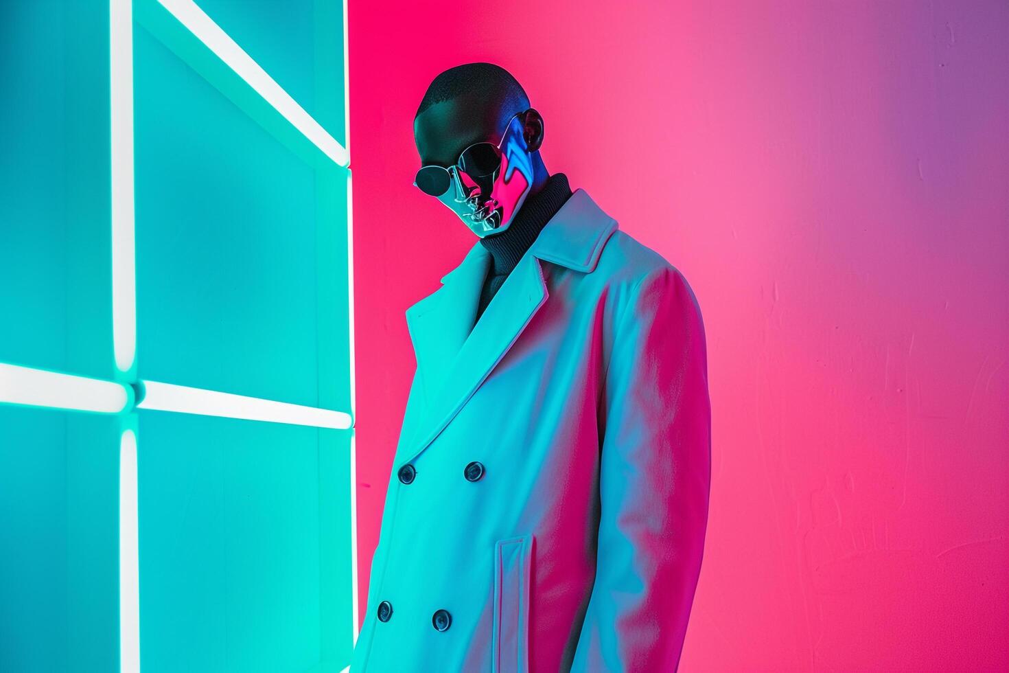 Casual Overcoat with Neon Green Background on Male Fashion Model with Face Mask Chic portrait Featuring a Vibrant Modern Lifestyle and Contemporary Flair photo