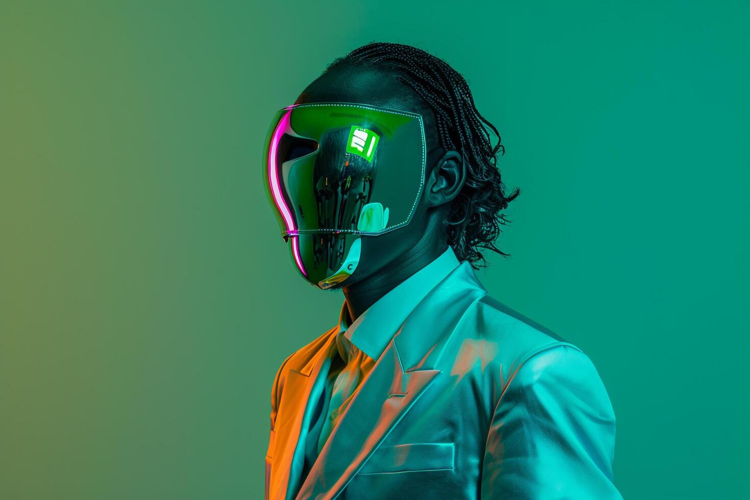 Trendy Blazer with Neon Green Background on Male Fashion Model with Face Mask Chic Males Fashion portrait with a Vibrant Lifestyle and Dynamic Ambiance photo