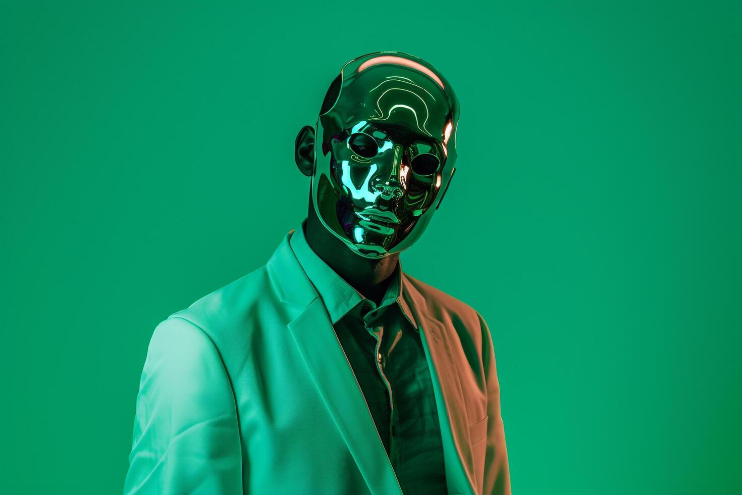 Trendy Blazer with Neon Green Background on Male Fashion Model with Face Mask Vibrant Males Fashion portrait with a Chic Lifestyle photo
