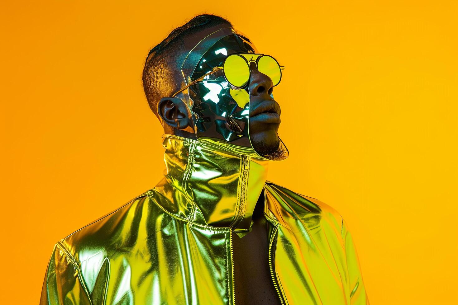 Trendy Jacket with Neon Yellow Background on Male Fashion Model with Face Mask Chic Males Fashion portrait with a Stylish Lifestyle photo