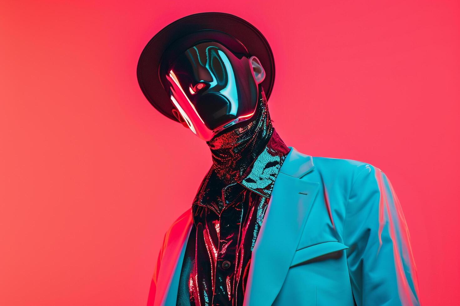 Trendy Jacket with Neon Coral Background on Male Fashion Model with Face Mask Stylish Males Fashion portrait with a Contemporary Ambiance photo