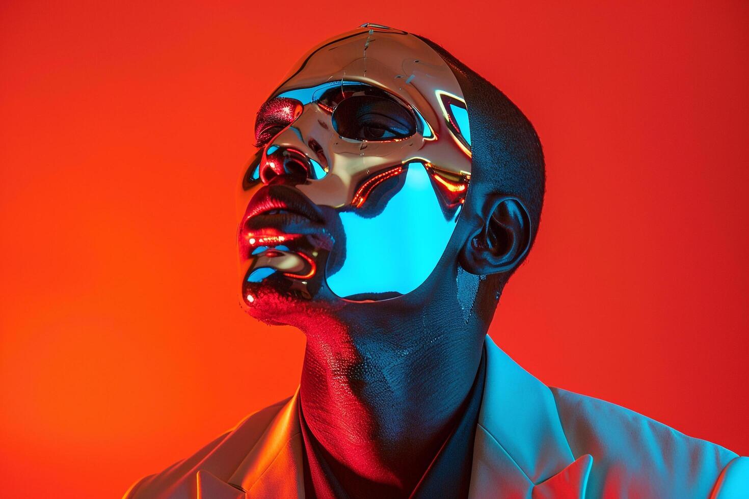 Male Fashion Model in Trendy Blazer with Face Mask and Neon Coral Lifestyle portrait Modern Style StateMalet with Bright Neon Touch photo